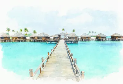 Watercolor Tropical Overwater Resort Illustration (AI-generated)