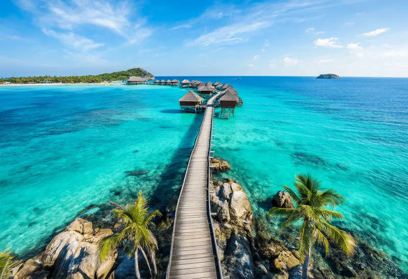 A wooden boardwalk leading to overwater bungalows above clear turquoise water on a tropical island. (AI-generated)