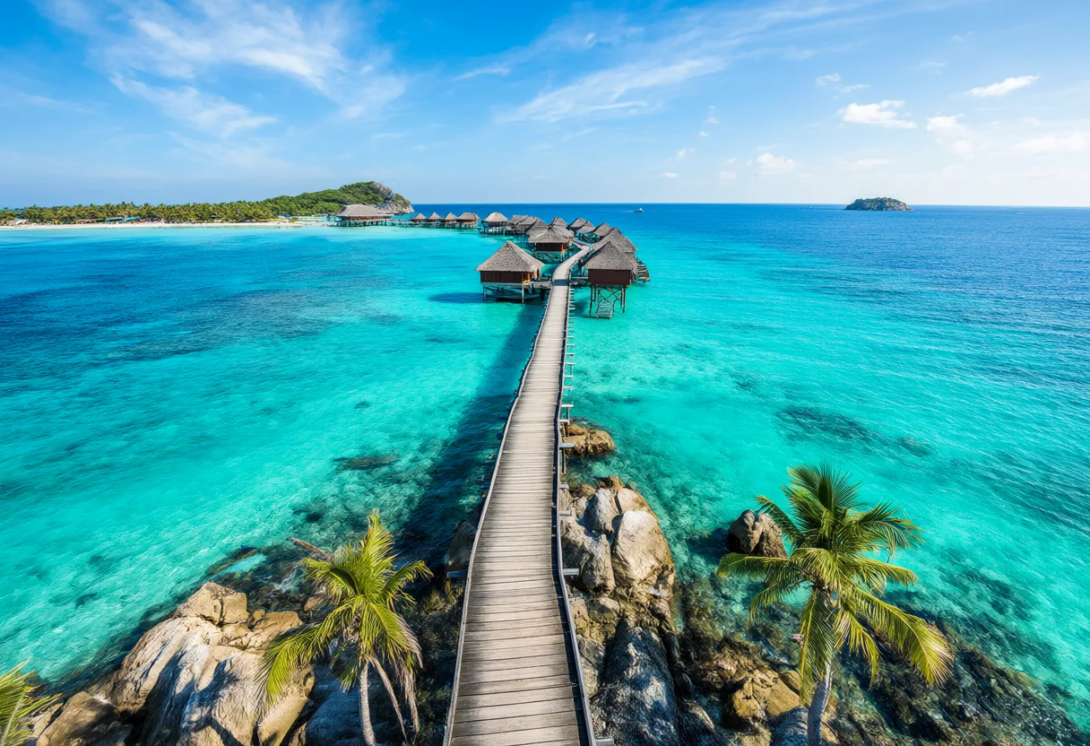 A wooden boardwalk leading to overwater bungalows above clear turquoise water on a tropical island. (AI-generated)
