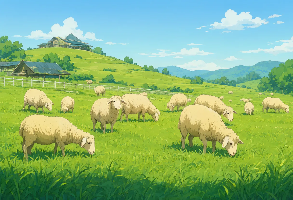 Fluffy sheep grazing on bright green hills near wooden farm buildings beneath a blue sky in anime illustration style. (AI-generated)