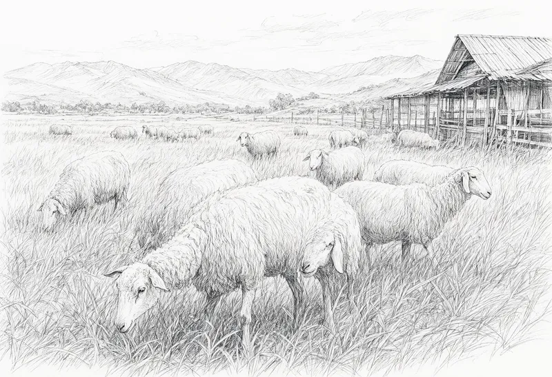 Pencil sketch of sheep grazing in a grassy field beside a wooden barn with mountains in the background. (AI-generated)