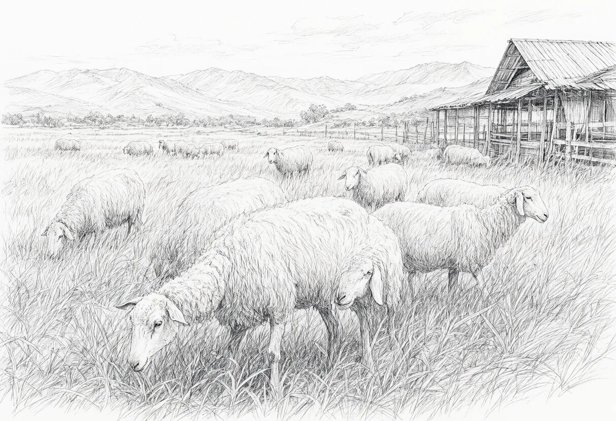 Pencil sketch of sheep grazing in a grassy field beside a wooden barn with mountains in the background. (AI-generated)