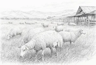 Sheep Grazing in a Countryside Field Pencil Sketch (AI-generated)
