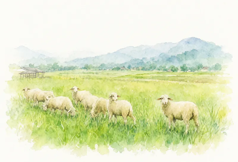 A flock of sheep grazing in a green meadow with distant blue mountains in a watercolor illustration. (AI-generated)