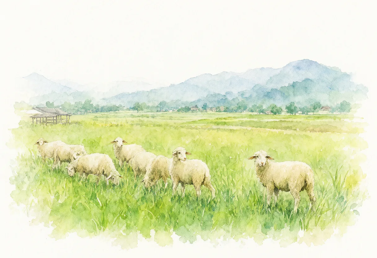 A flock of sheep grazing in a green meadow with distant blue mountains in a watercolor illustration. (AI-generated)