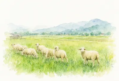 Sheep Grazing in a Green Meadow Watercolor (AI-generated)