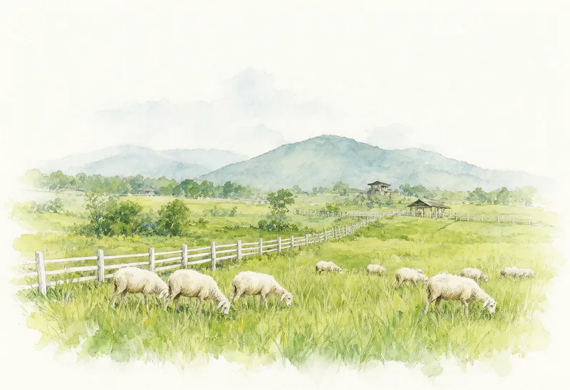 Sheep grazing in a green pasture beside a long wooden fence with trees and mountains in the distance (AI-generated)
