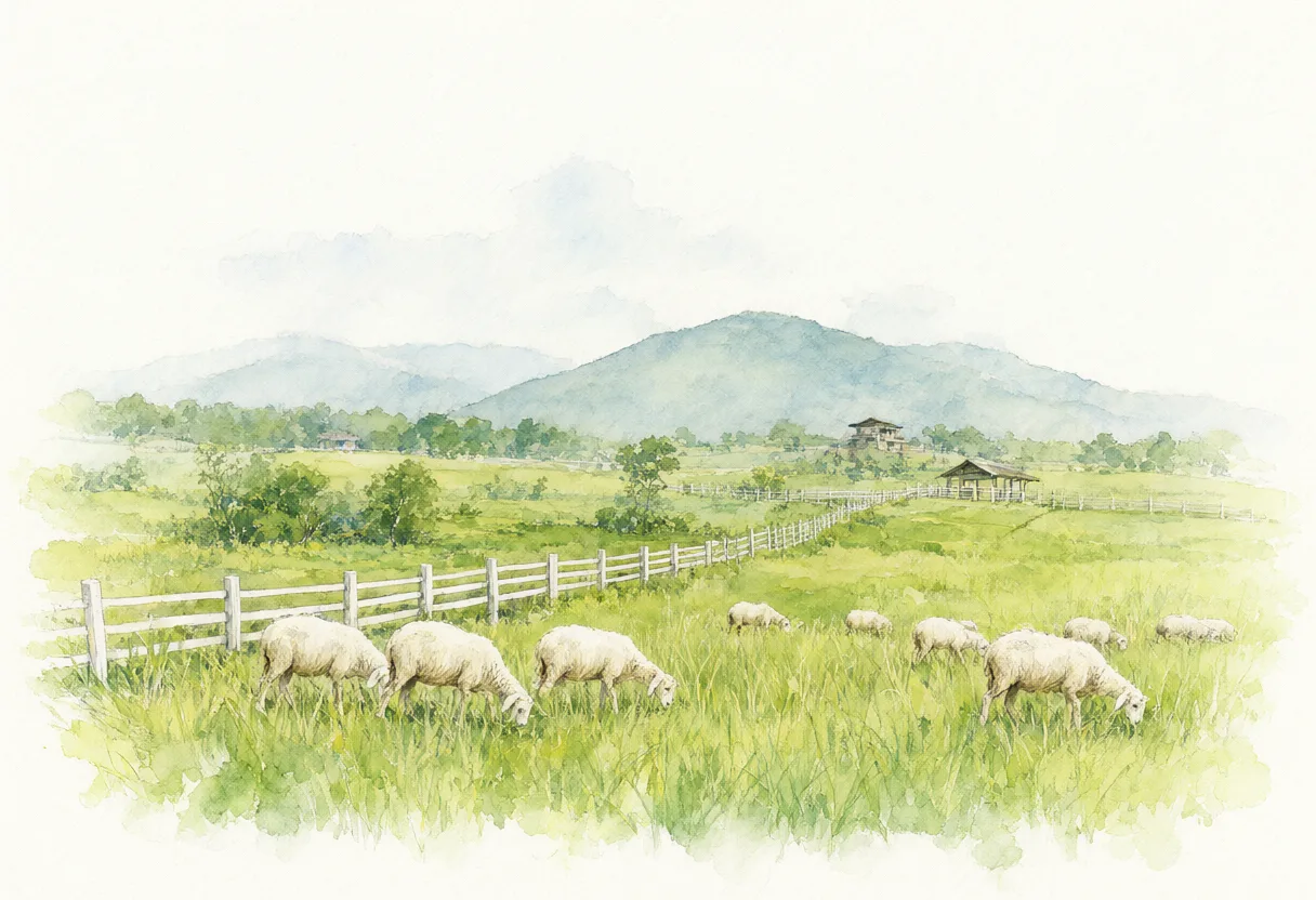 Sheep grazing in a green pasture beside a long wooden fence with trees and mountains in the distance (AI-generated)