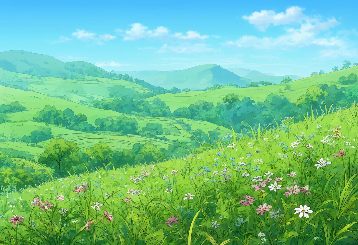 Fresh green hills in spring, with small wildflowers (AI-generated)