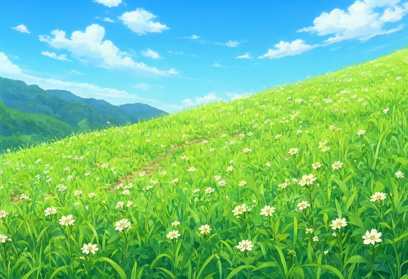 A bright green hillside covered with white wildflowers beneath a blue sky, with forested mountains in the distance, illustrated in anime style. (AI-generated)