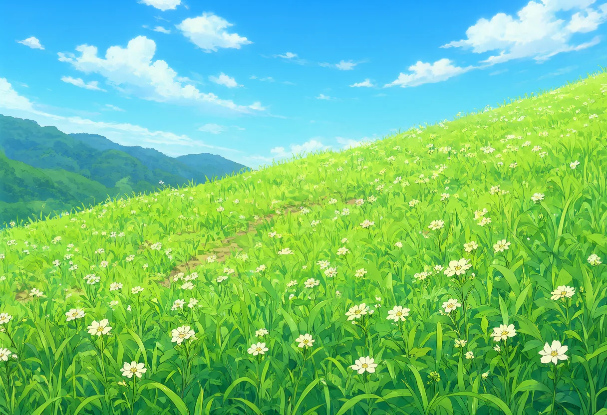 A bright green hillside covered with white wildflowers beneath a blue sky, with forested mountains in the distance, illustrated in anime style. (AI-generated)
