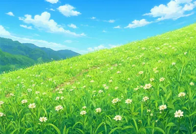 Anime Green Meadow with White Wildflowers (AI-generated)