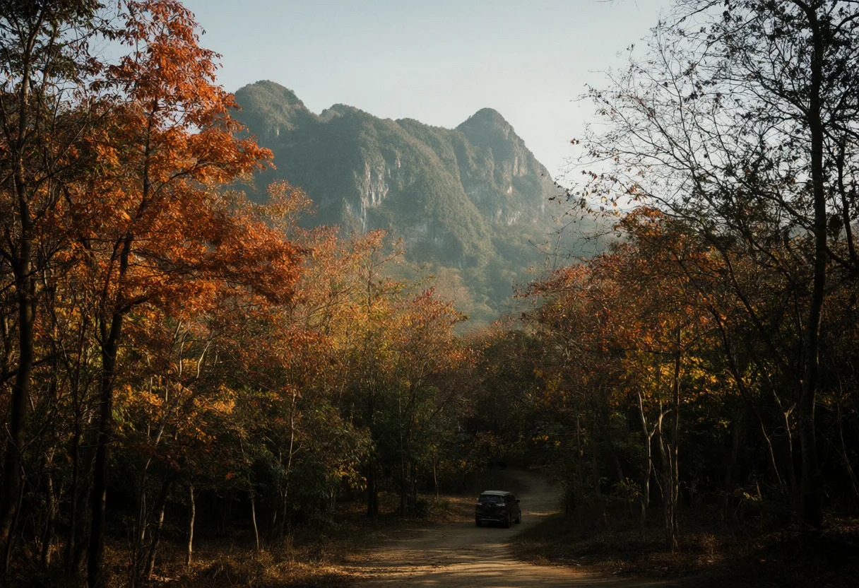 A dirt road through an autumn forest with orange foliage, a small vehicle, and distant mountain peaks (AI-generated)