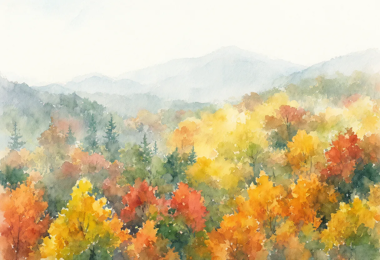 A watercolor landscape of colorful autumn trees across mountain slopes with misty blue mountains in the background. (AI-generated)