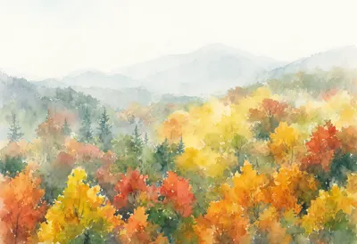 Colorful Autumn Forest and Misty Mountains Watercolor (AI-generated)
