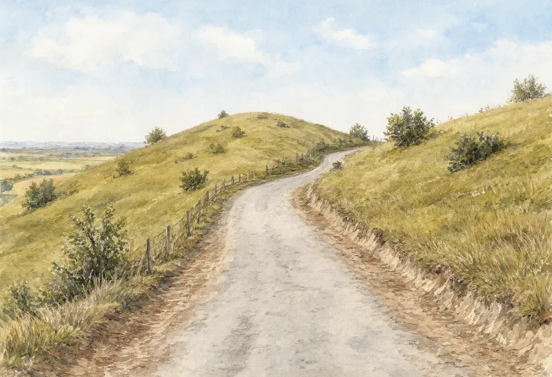 A narrow dirt road winding across grassy hills (AI-generated)