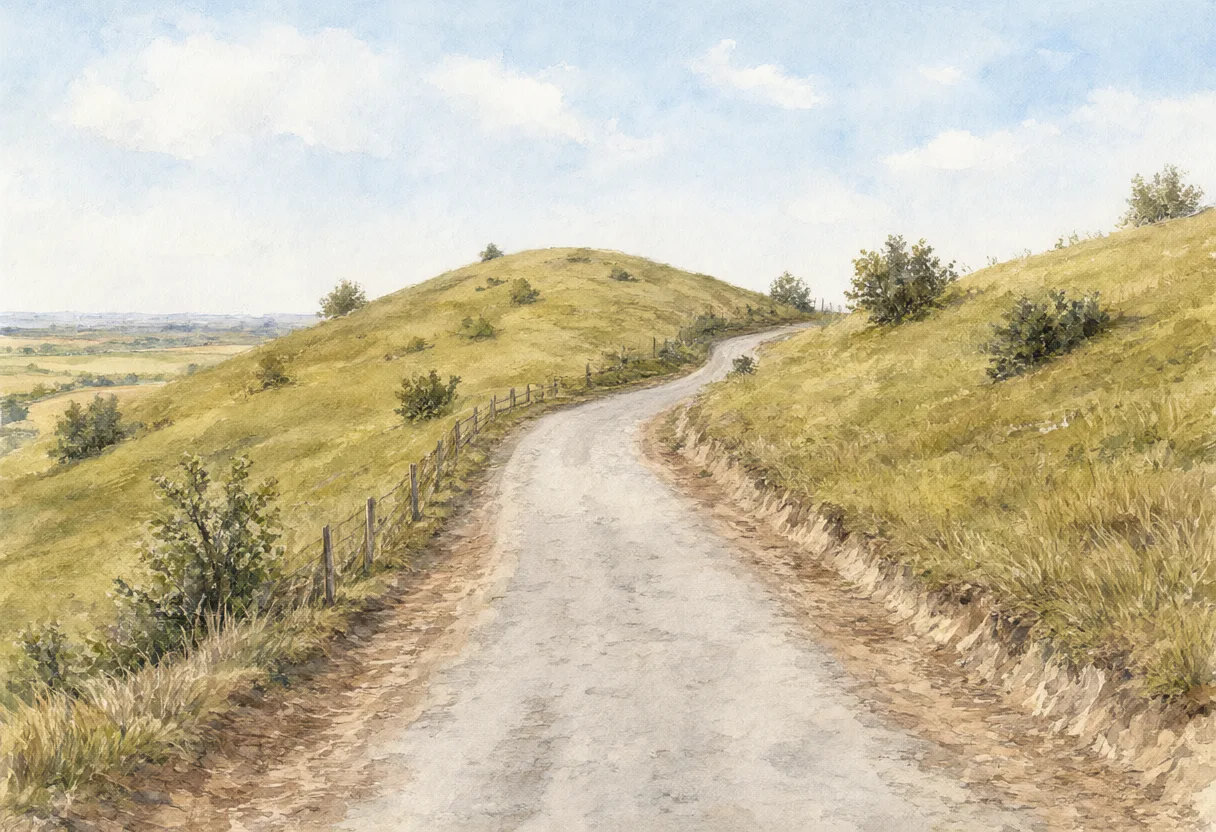 A narrow dirt road winding across grassy hills (AI-generated)