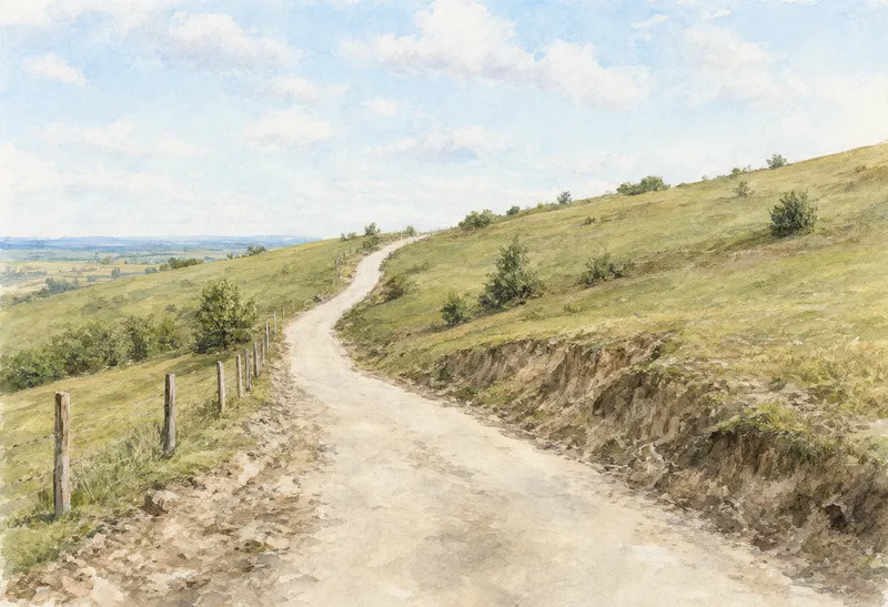 A winding dirt path through golden-green countryside hills with wooden fence posts beneath a blue cloudy sky. (AI-generated)