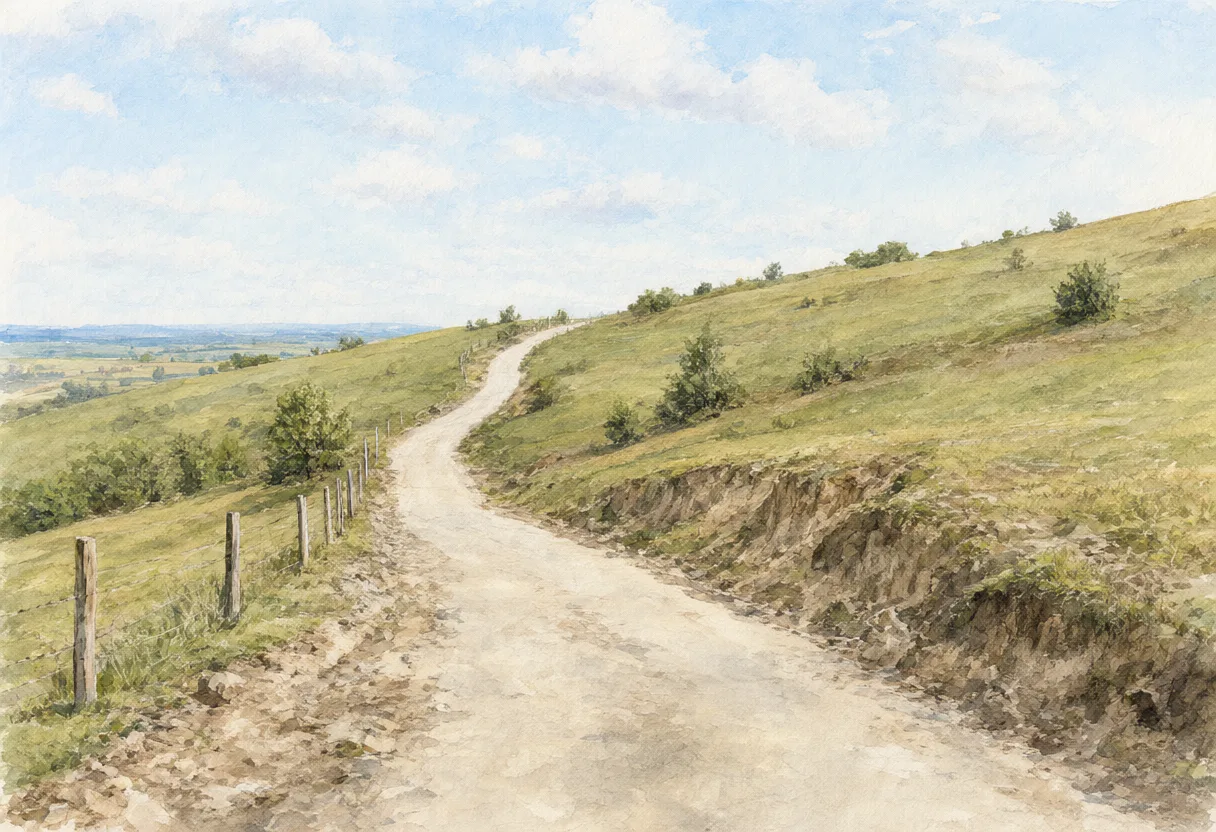 A winding dirt path through golden-green countryside hills with wooden fence posts beneath a blue cloudy sky. (AI-generated)