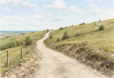 Watercolor Countryside Path Through Golden Hills (AI-generated)
