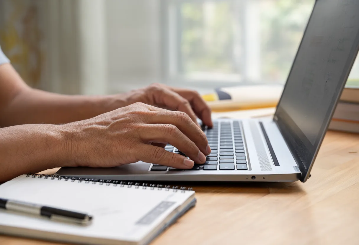 A close-up of hands typing on a laptop (AI-generated)