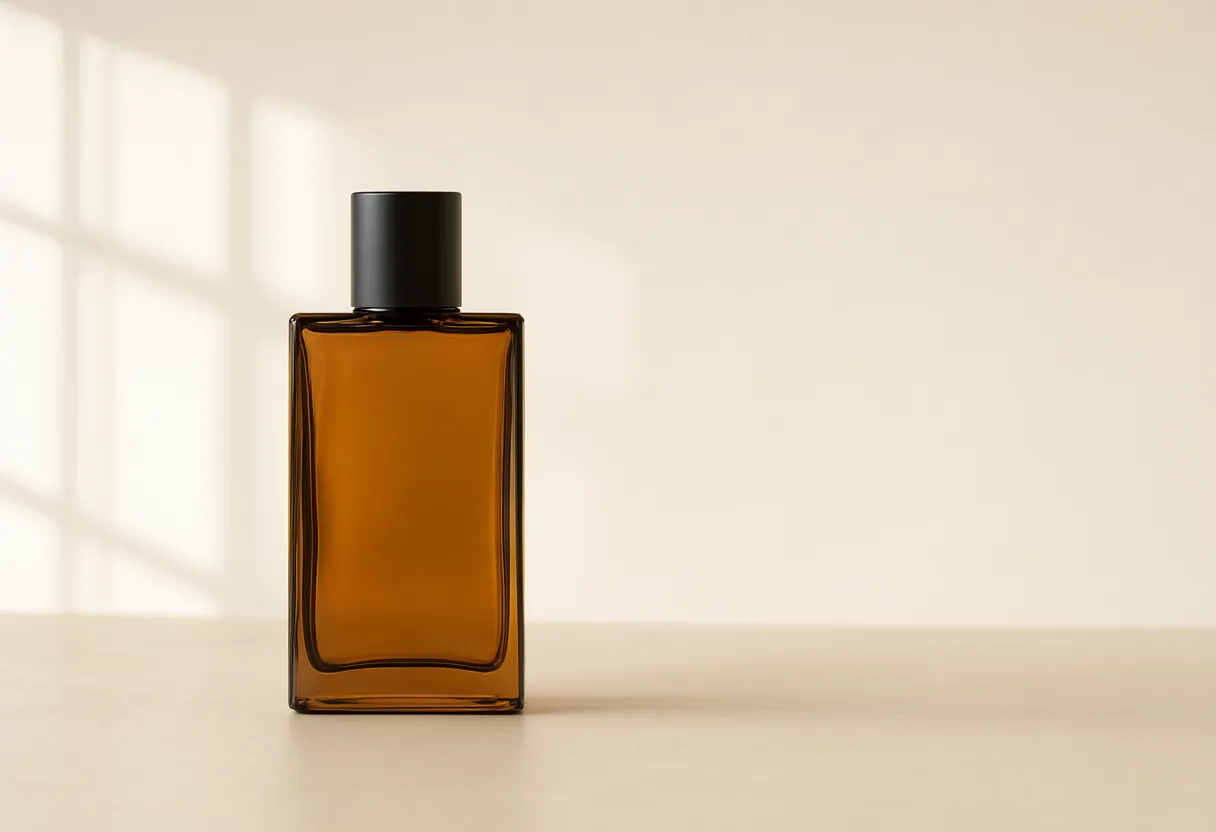 Rectangular amber glass perfume bottle with a black cap on a beige surface in soft natural window light. (AI-generated)