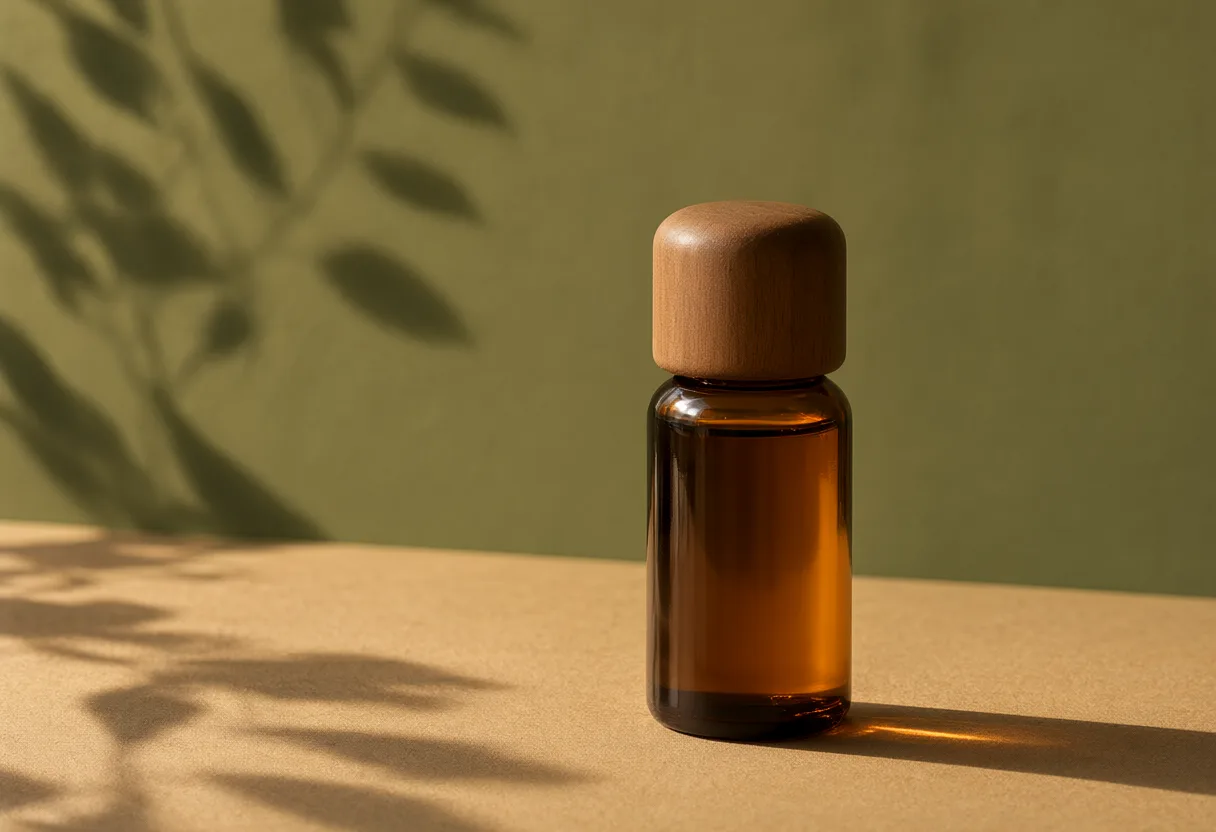 Amber glass cosmetic bottle with a rounded wooden cap under leafy shadows. (AI-generated)