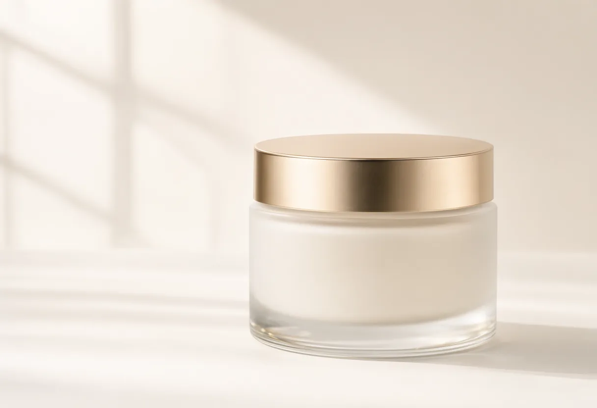 White skincare jar with a gold lid illuminated by natural window light. (AI-generated)