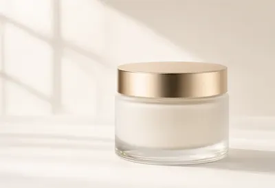 Minimal White Skincare Jar with Gold Lid in Natural Light