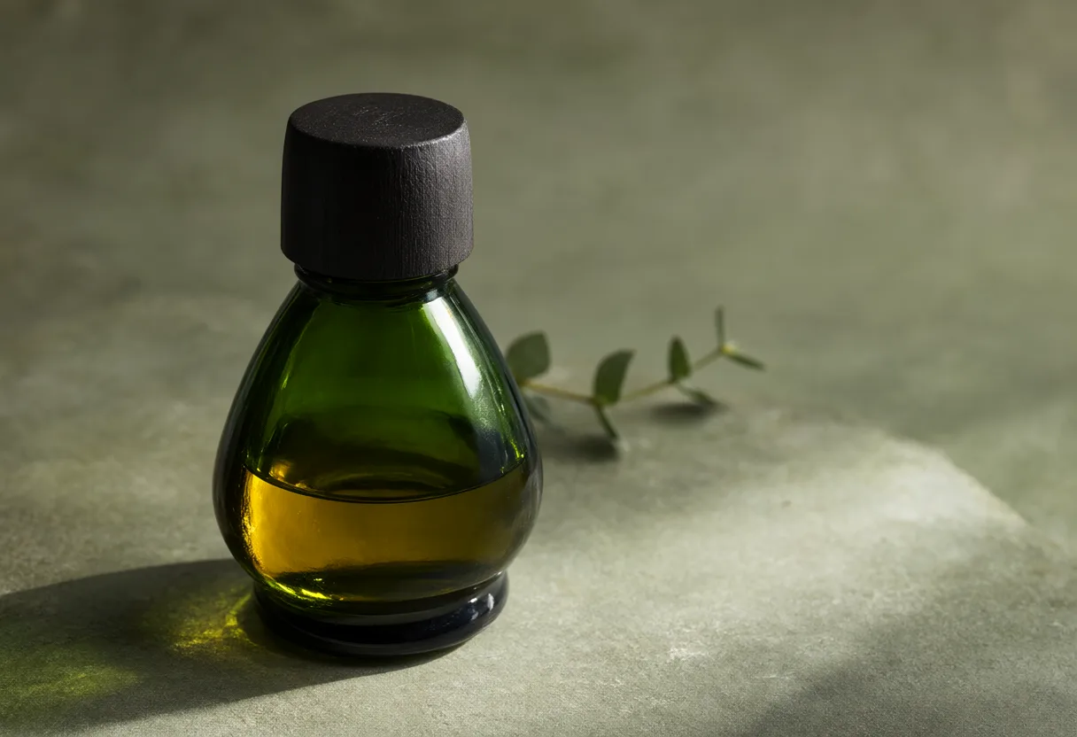 Dark green glass bottle with golden liquid and a small botanical branch on a stone surface. (AI-generated)