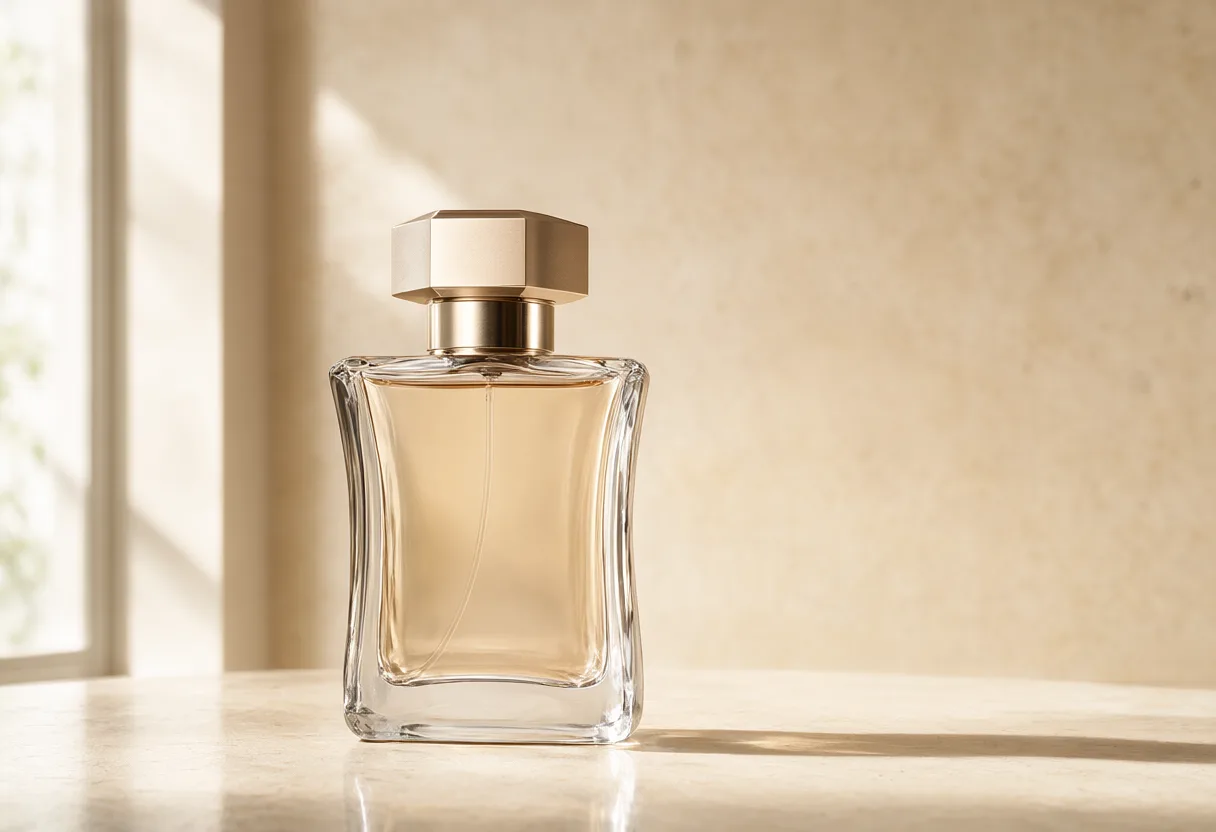 Clear curved glass perfume bottle with a geometric gold cap on a sunlit beige surface (AI-generated)