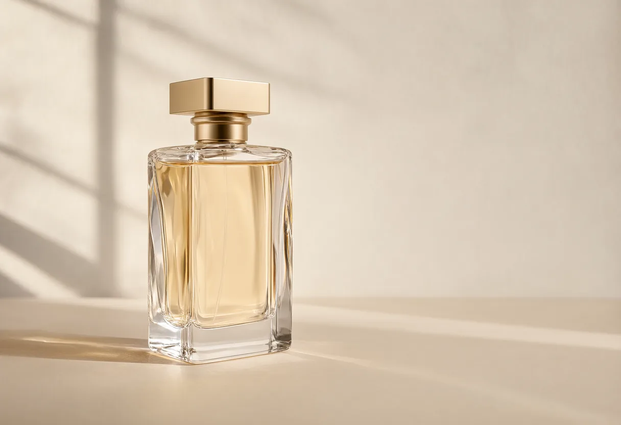 Clear glass perfume bottle with pale golden liquid and a square gold cap in natural window light (AI-generated)