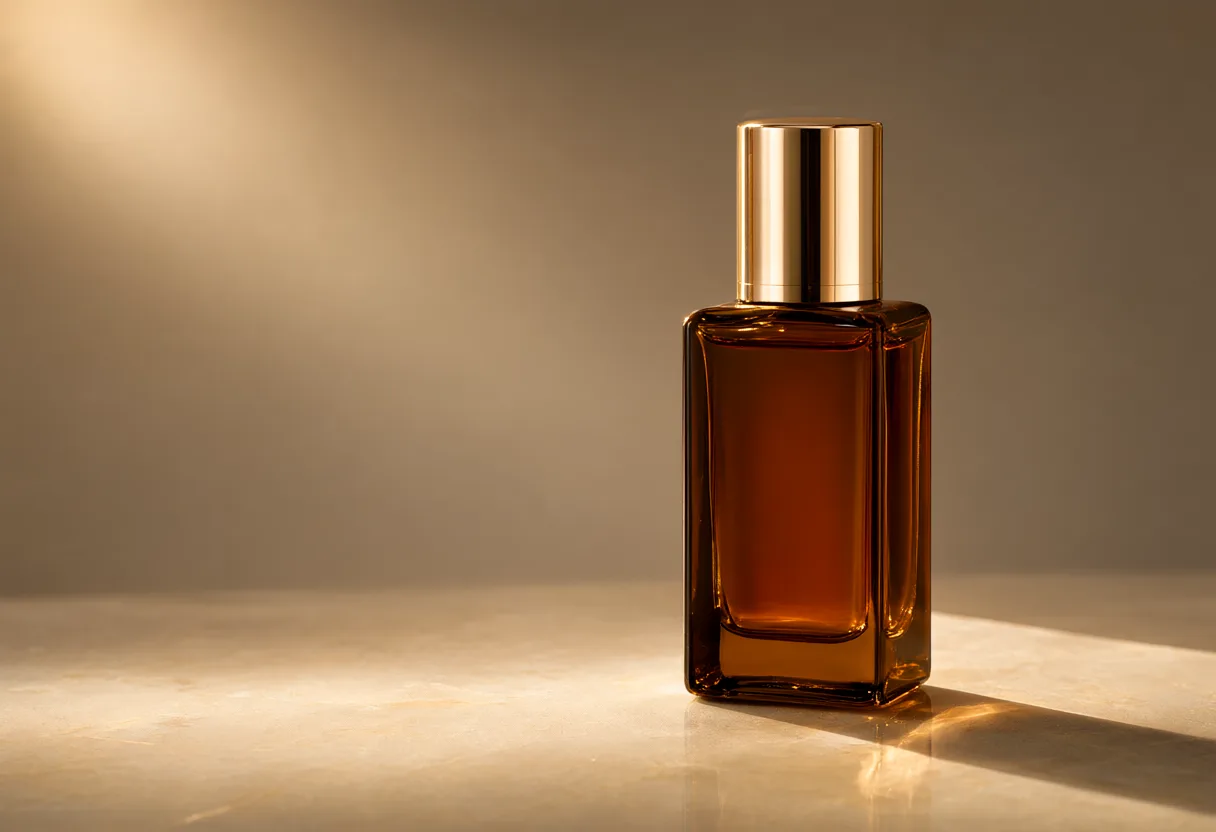 Dark amber perfume bottle with a reflective gold cap under warm directional lighting. (AI-generated)