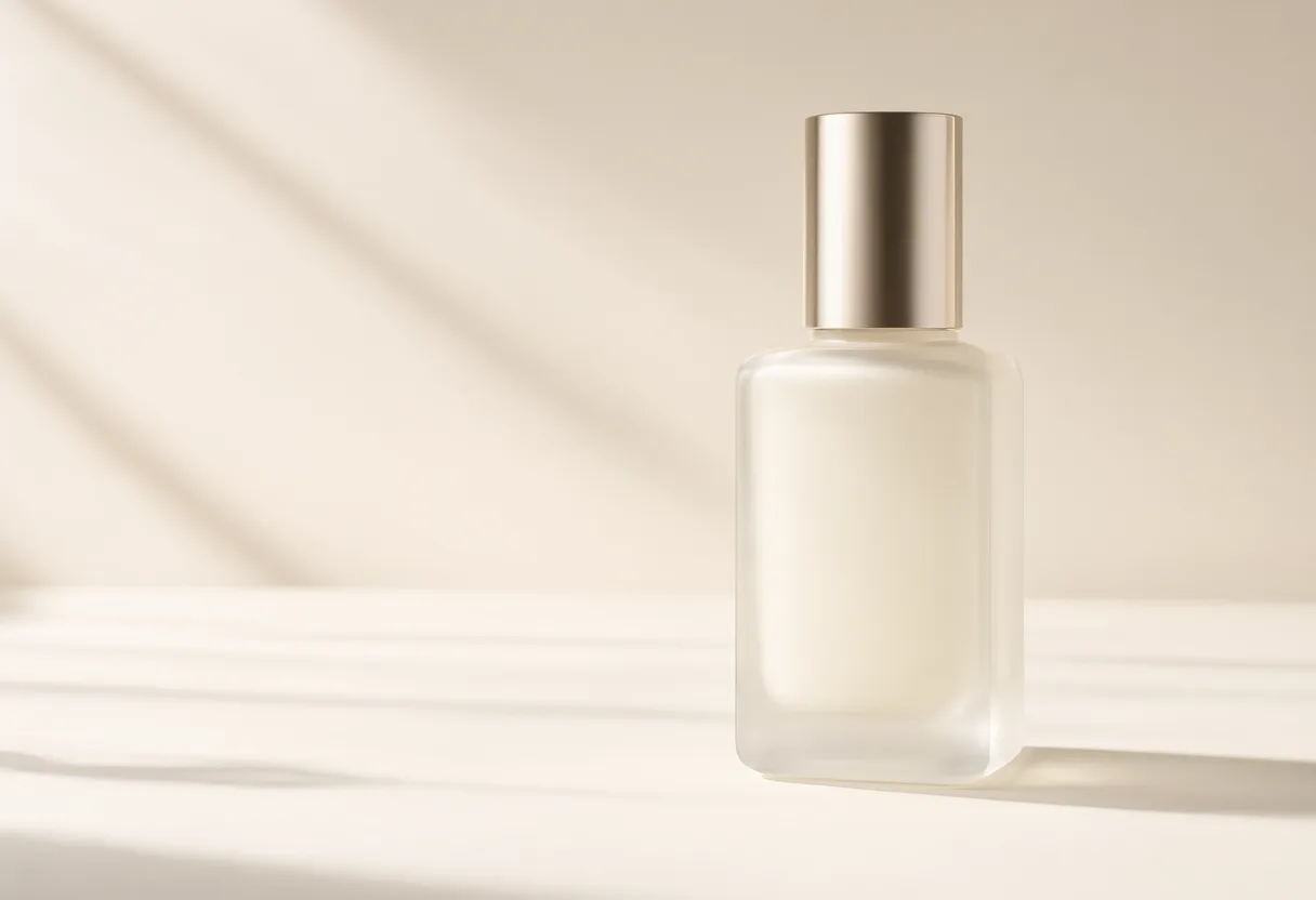 White cosmetic bottle with a gold cap illuminated by soft sunlight on a beige surface. (AI-generated)