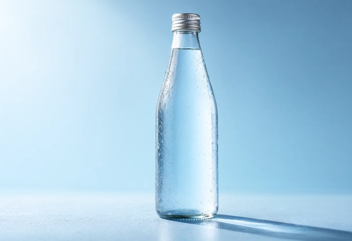 Clear glass water bottle with condensation droplets standing against a blue background. (AI-generated)