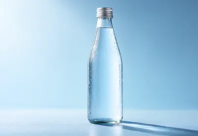 Clear Glass Water Bottle on a Blue Background