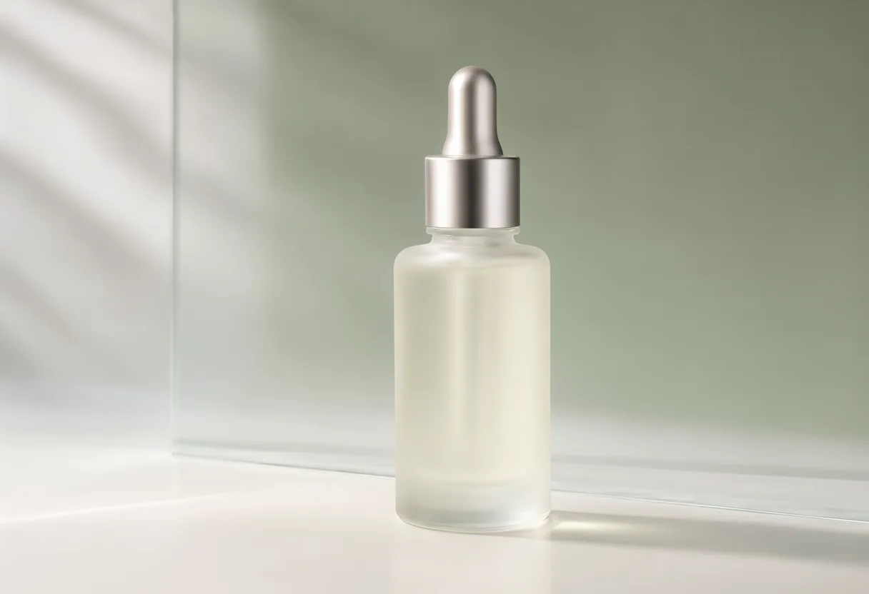 Frosted glass skincare serum bottle with a silver dropper cap in soft natural light. (AI-generated)