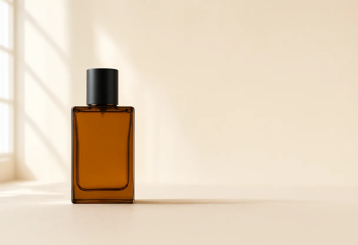 Amber fragrance bottle with a black cap on a cream surface beside a sunlit window. (AI-generated)