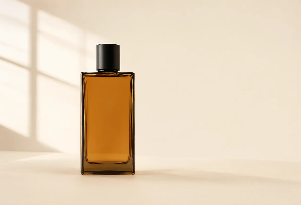 Amber glass perfume bottle with a black cap on a beige surface in warm sunlight. (AI-generated)
