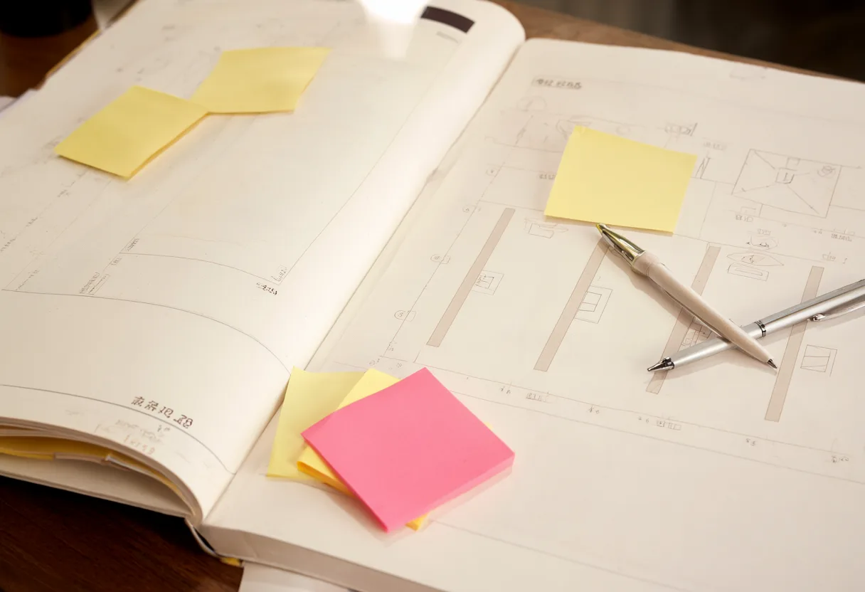 Open design notebook with layout sketches, yellow and pink sticky notes, and two pens arranged on a wooden desk. (AI-generated)