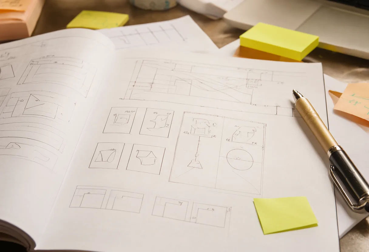 Open sketchbook with hand-drawn layout diagrams, a pen, and yellow sticky notes on a wooden desk. (AI-generated)