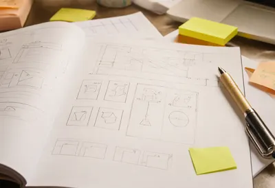 Design Sketchbook with Wireframe Drawings and Sticky Notes (AI-generated)