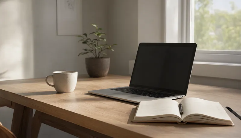 Open laptop, notebook with a pen, and coffee mug arranged on a wooden desk with a potted plant beside the window. (AI-generated)