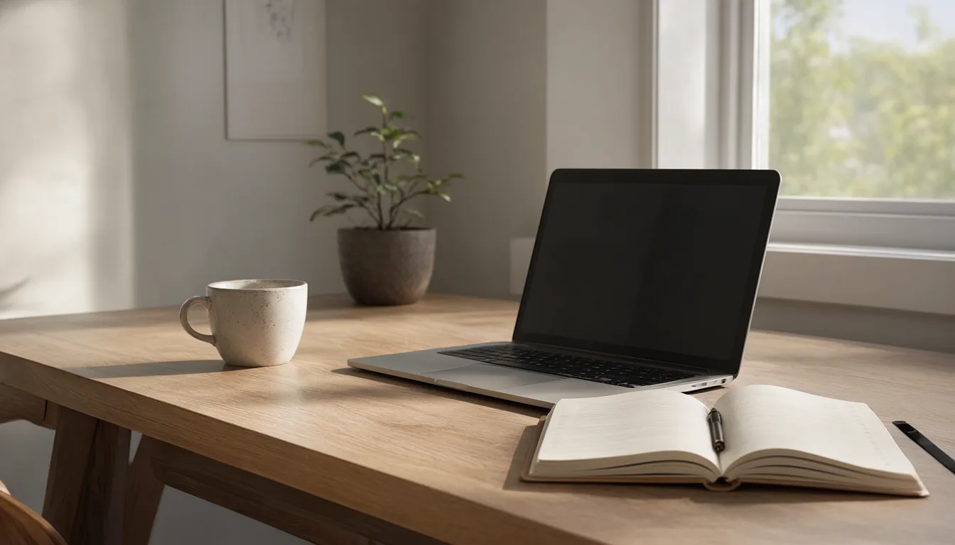 Open laptop, notebook with a pen, and coffee mug arranged on a wooden desk with a potted plant beside the window. (AI-generated)