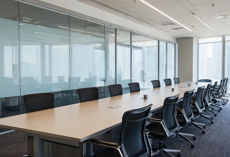 Long conference table surrounded by black office chairs in a modern meeting room with glass walls and large windows. (AI-generated)