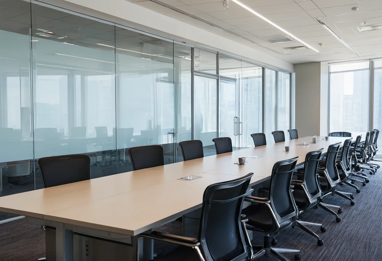 Long conference table surrounded by black office chairs in a modern meeting room with glass walls and large windows. (AI-generated)