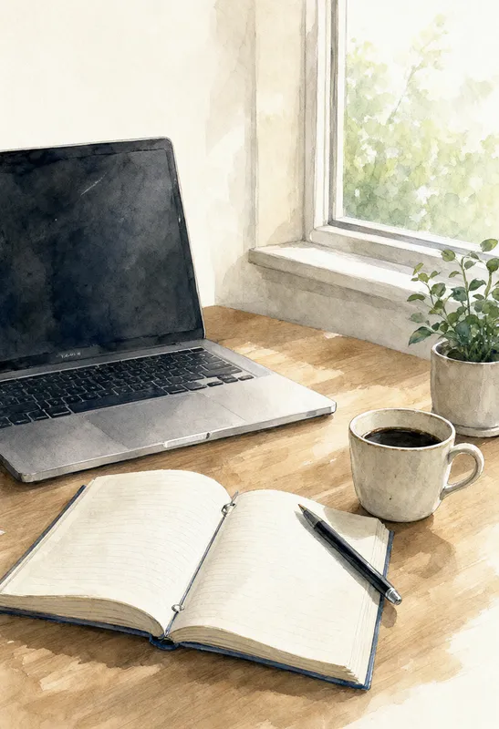 Watercolor illustration of a laptop, open notebook, pen, and coffee mug on a wooden desk beside a sunlit window and potted plant. (AI-generated)
