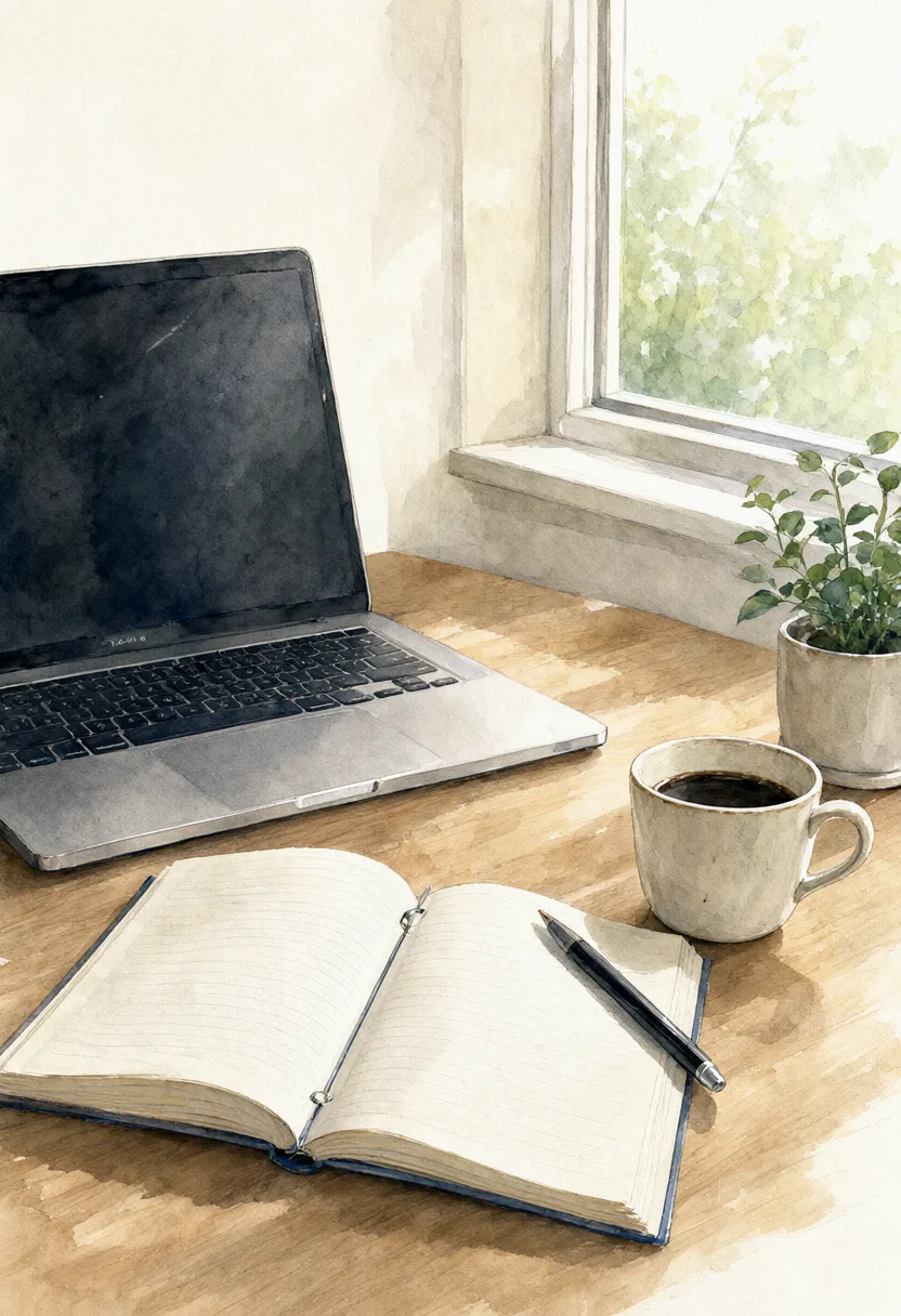 Watercolor illustration of a laptop, open notebook, pen, and coffee mug on a wooden desk beside a sunlit window and potted plant. (AI-generated)
