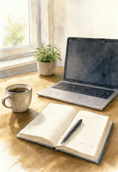 ภาพวาดสีน้ำพื้นที่ทำงานแสนอบอุ่นภายในบ้าน (สร้างด้วย AI)