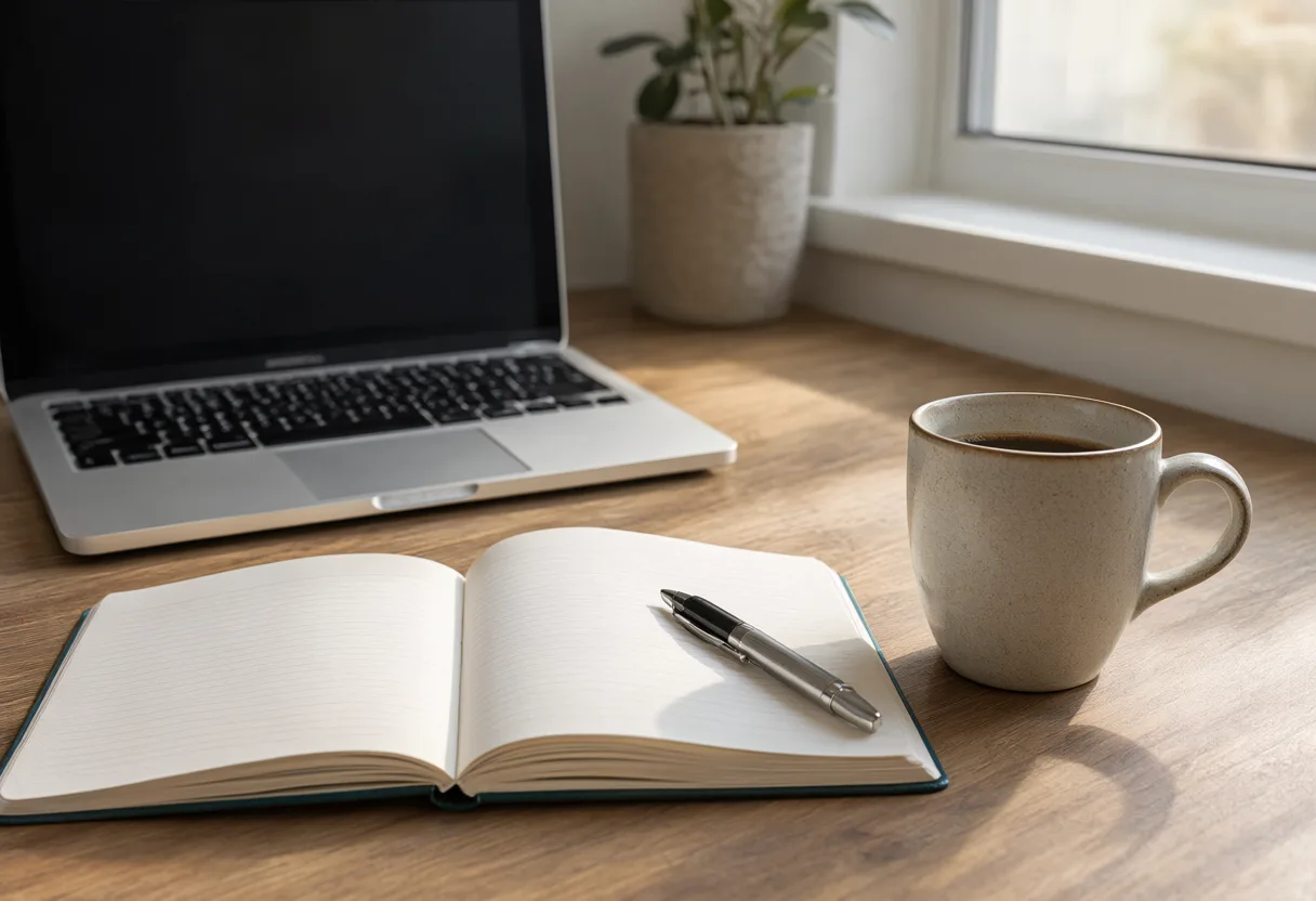 An open notebook with a pen, a laptop, and a coffee mug on a wooden desk beside a window and potted plant. (AI-generated)
